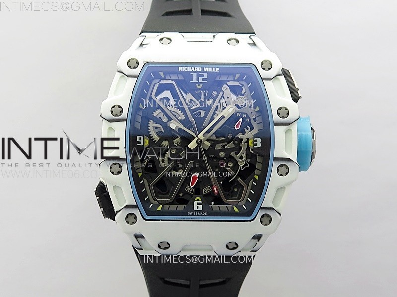 Size 43mm x 15.5mm  Movement   Asian Skeleton movement  Functions Hours and minutes display  Case Black carbon case  Crystal    Scratch-proof sapphire crystal  Dial Skeleton dial  Bezel      White carbon bezel  Strap      Blue rubber strap  Clasp    