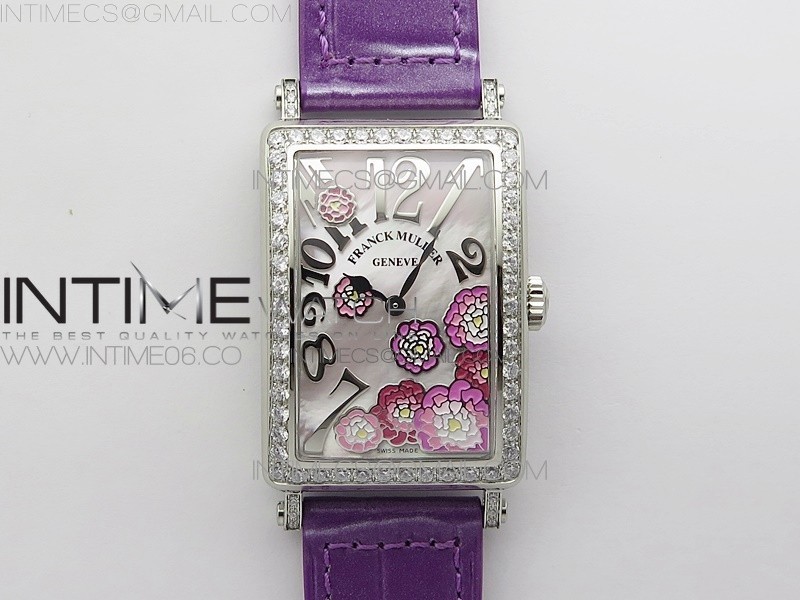 Long Island Ladies SS Diamonds Bezel ZF 11 Mother of Pearl Dial on Purple Leather Strap Swiss Ronda Quartz