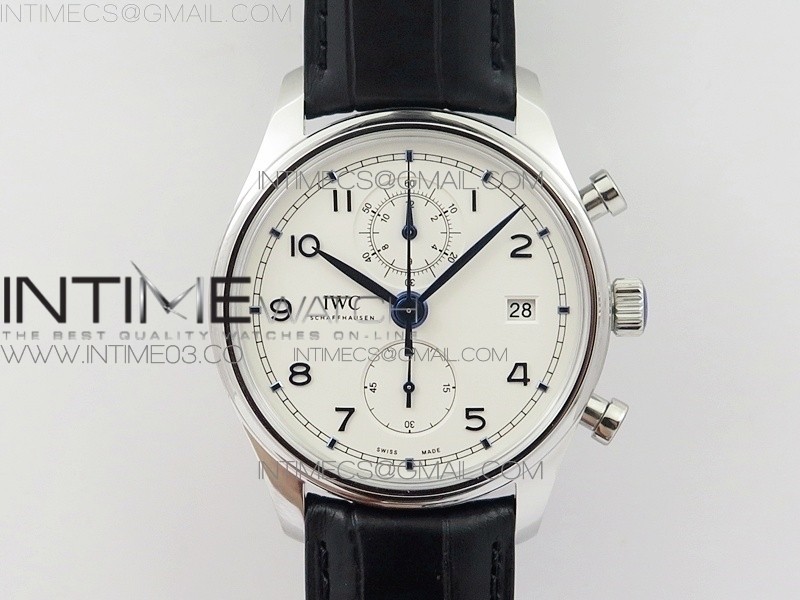 6Portugieser Chrono Classic 42 IW390406 ZF 11 Best Edition White dial blue markers on Black Leather Strap A7750