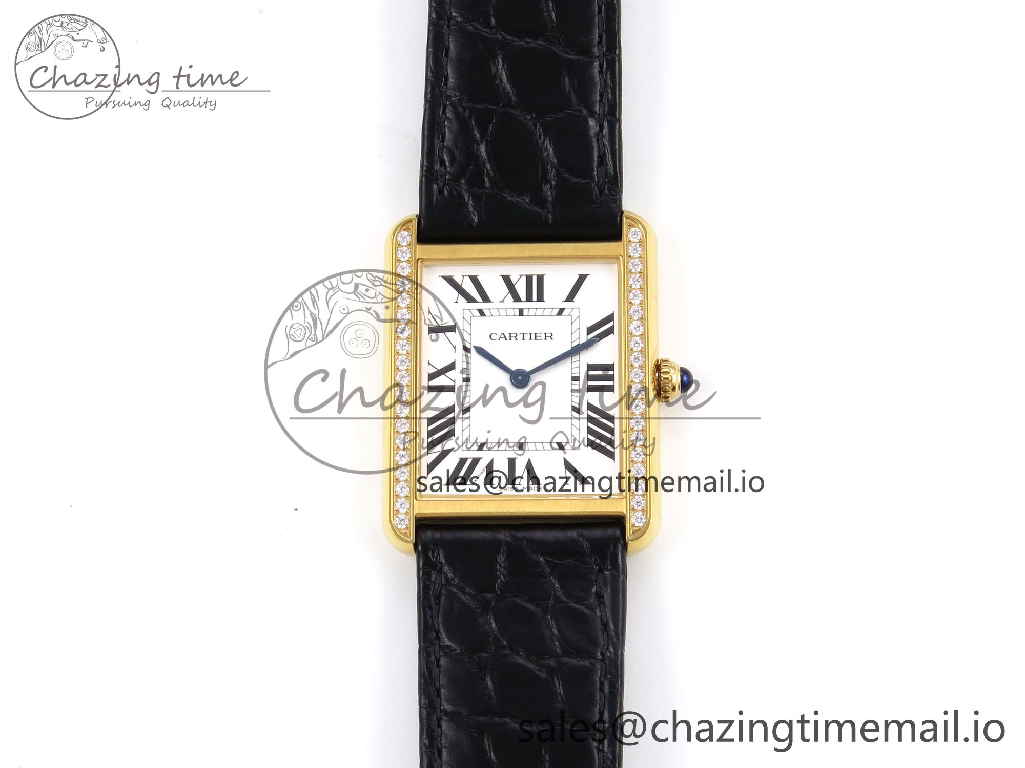 [AF공장]까르띠에 탱크솔로 YG  White Dial Diamonds Bezel on Black Leather Strap Ronda Quartz