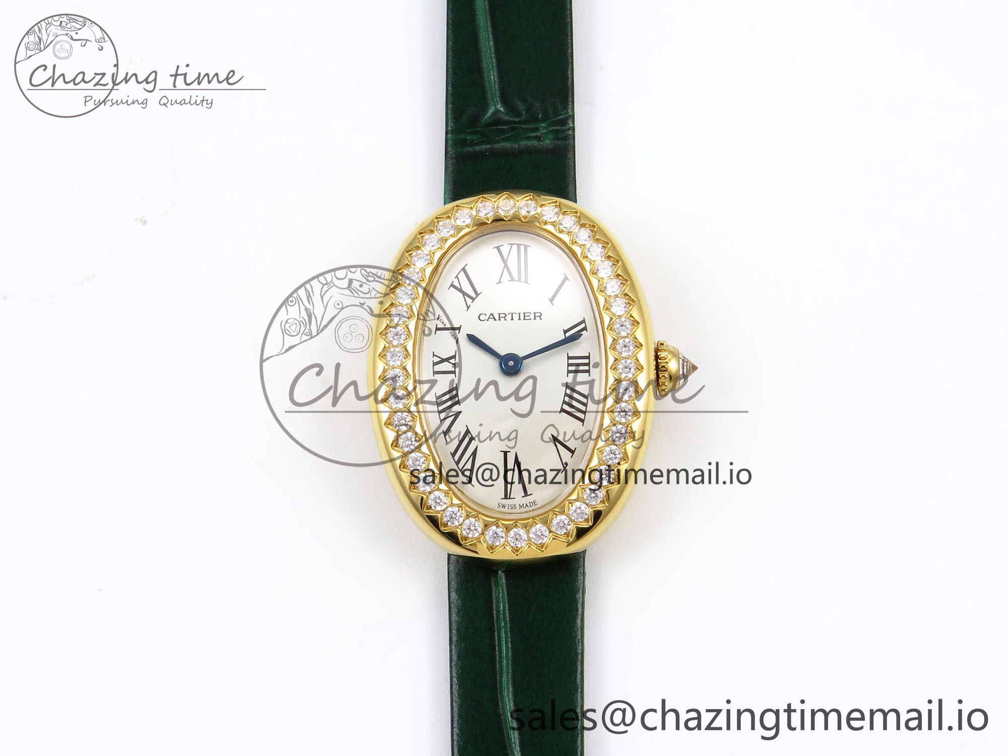 [AF공장]까르띠에 베누아 YG Diamonds Bezel on Green Leather Strap Ronda Quartz