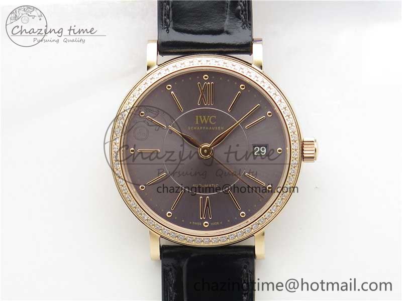 [V7공장]IWC Portofino 37mm RG Gray Dial Diamonds Bezel on Black Leather Strap A2892