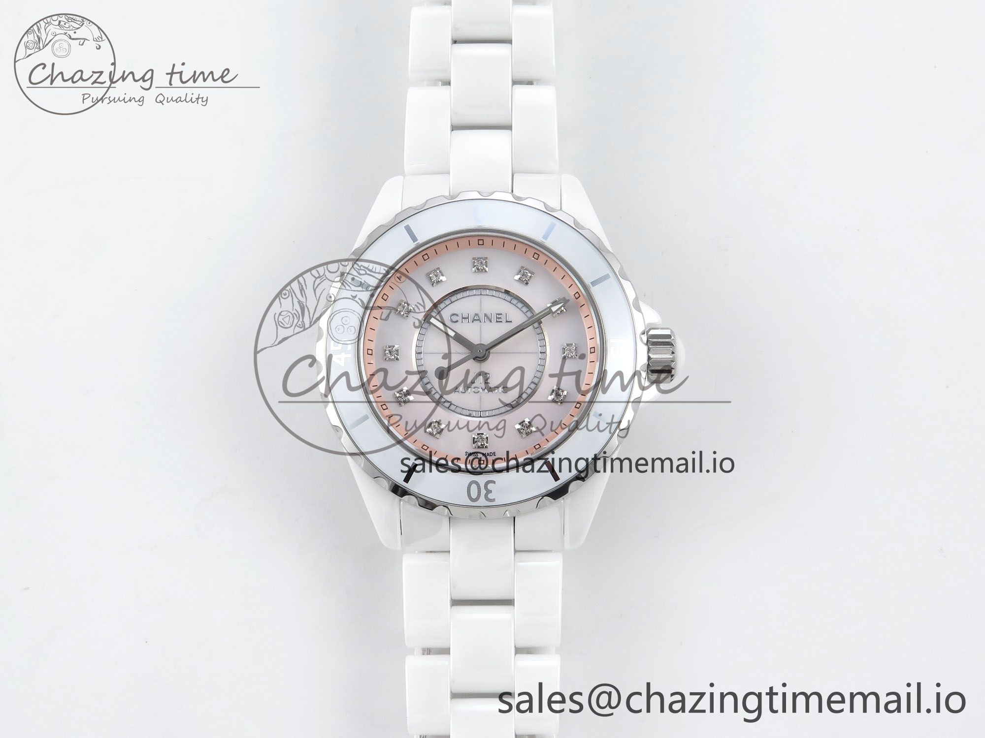 [EAST공장]샤넬 J13 38mm White Ceramic Pink MOP Dial Diamonds Markers on Bracelet A2892